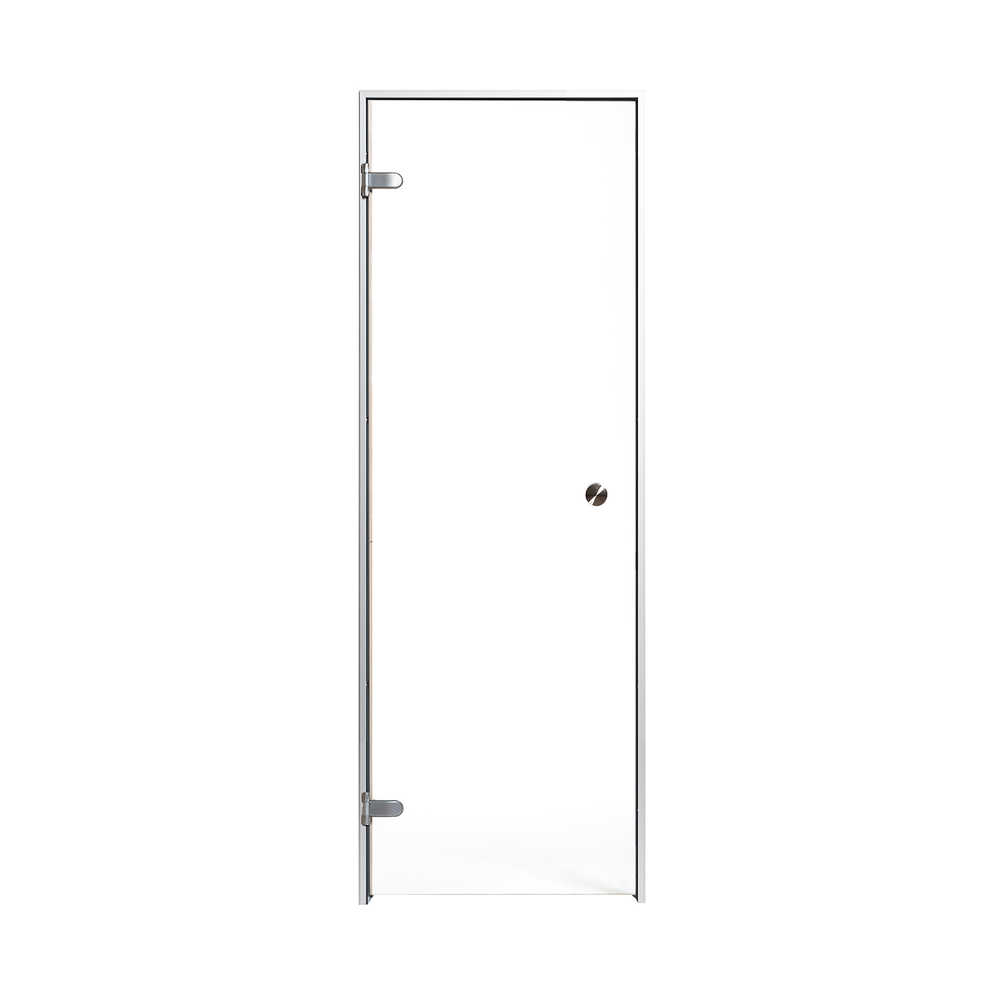 Ein Dampfbadtür mit Edel und minimalistisch Klarglas, Rahmen aus Aluminium, zwei Silber Scharniere und Silber Knopfgriff.